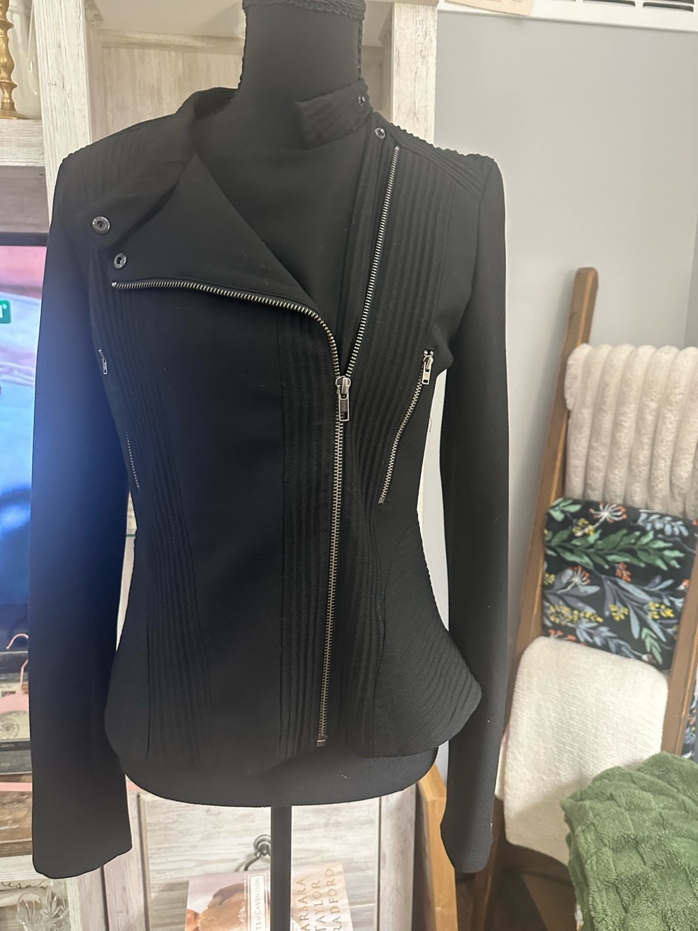 Ann Taylor Black Asymmetrical Zip Moto Blazer